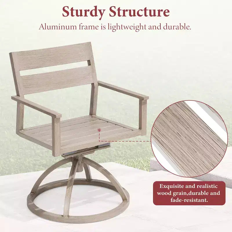 Chaises de salle à manger d'extérieur pivotantes à 360° Crestlive Products Patio 2 pièces, cadre en aluminium, finition grain de bois avec coussin Sunbrella