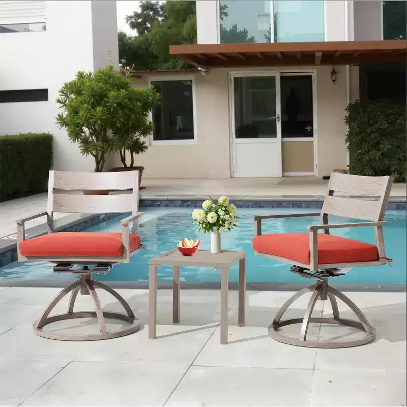 Chaises de salle à manger d'extérieur pivotantes à 360° Crestlive Products Patio 2 pièces, cadre en aluminium, finition grain de bois avec coussin Sunbrella