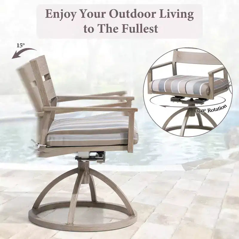 Chaises de salle à manger d'extérieur pivotantes à 360° Crestlive Products Patio 2 pièces, cadre en aluminium, finition grain de bois avec coussin Sunbrella