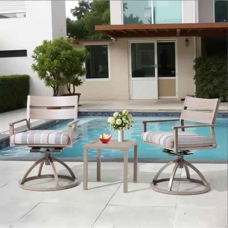 Chaises de salle à manger d'extérieur pivotantes à 360° Crestlive Products Patio 2 pièces, cadre en aluminium, finition grain de bois avec coussin Sunbrella
