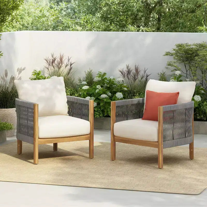 Christopher Knight Home Fauteuil de club rembourré en bois d'acacia tressé en corde Céleste pour patio (Lot de 2)