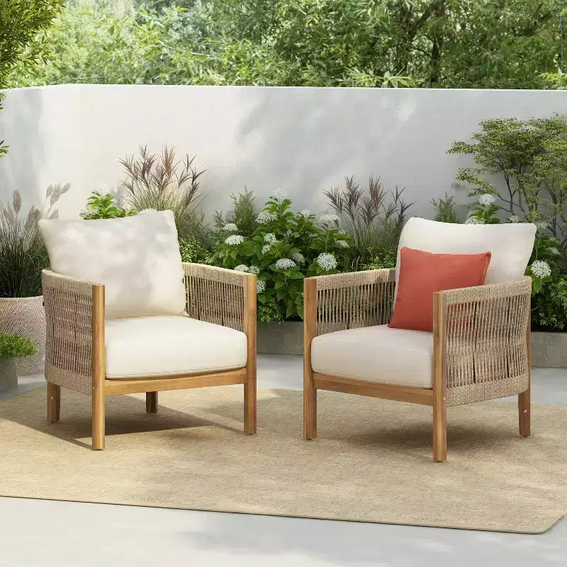 Christopher Knight Home Fauteuil de club rembourré en bois d'acacia tressé en corde Céleste pour patio (Lot de 2)