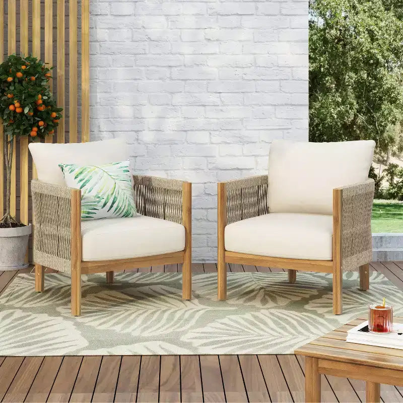 Christopher Knight Home Celeste Patio Rope Weaving Acacia Wood Upholstered Club Chair (Set of 2)