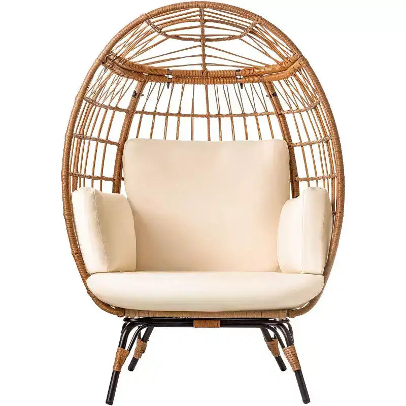 Chaise œuf en osier Chaise de patio en rotin PE avec cadre en acier et coussin ivoire Parfaite pour le jardin, le balcon, le patio et le salon intérieur MAPLE 99