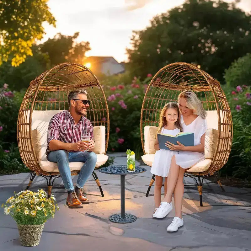 Chaise œuf en osier Chaise de patio en rotin PE avec cadre en acier et coussin ivoire Parfaite pour le jardin, le balcon, le patio et le salon intérieur MAPLE 99