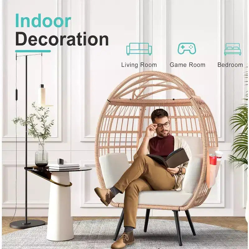 Fauteuil suspendu surdimensionné avec coussins résistants aux UV, en osier tout temps pour l'intérieur/extérieur, capacité de 168 kg, blanc