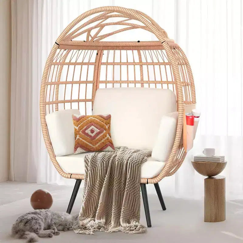 Fauteuil suspendu surdimensionné avec coussins résistants aux UV, en osier tout temps pour l'intérieur/extérieur, capacité de 168 kg, blanc