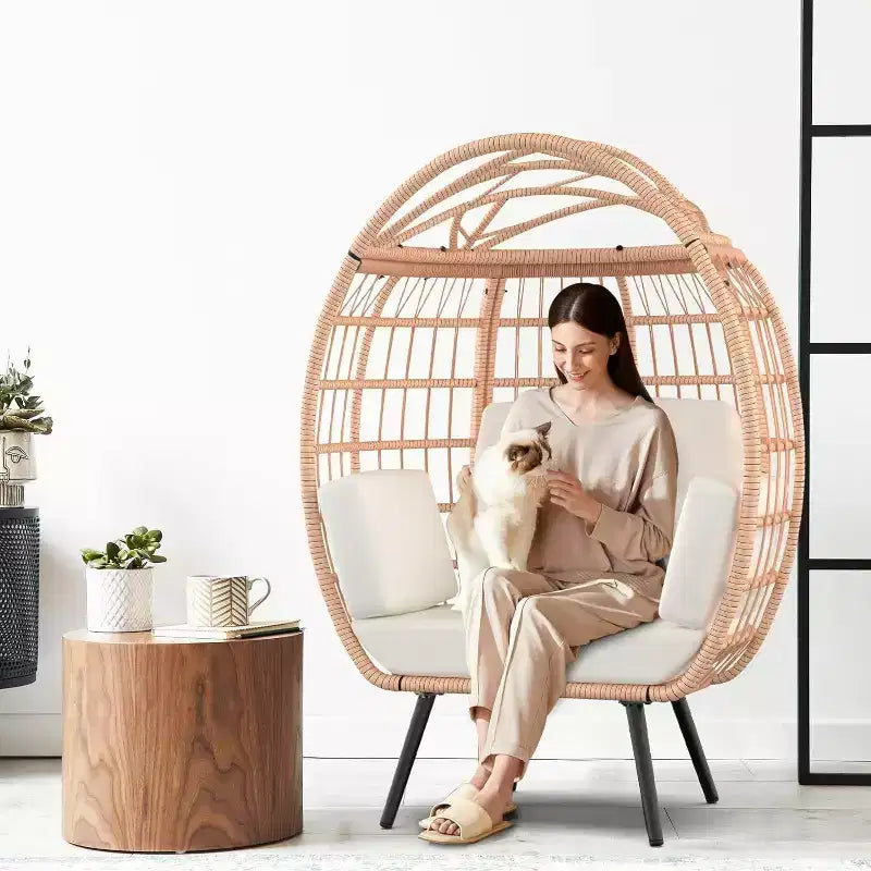 Fauteuil suspendu surdimensionné avec coussins résistants aux UV, en osier tout temps pour l'intérieur/extérieur, capacité de 168 kg, blanc