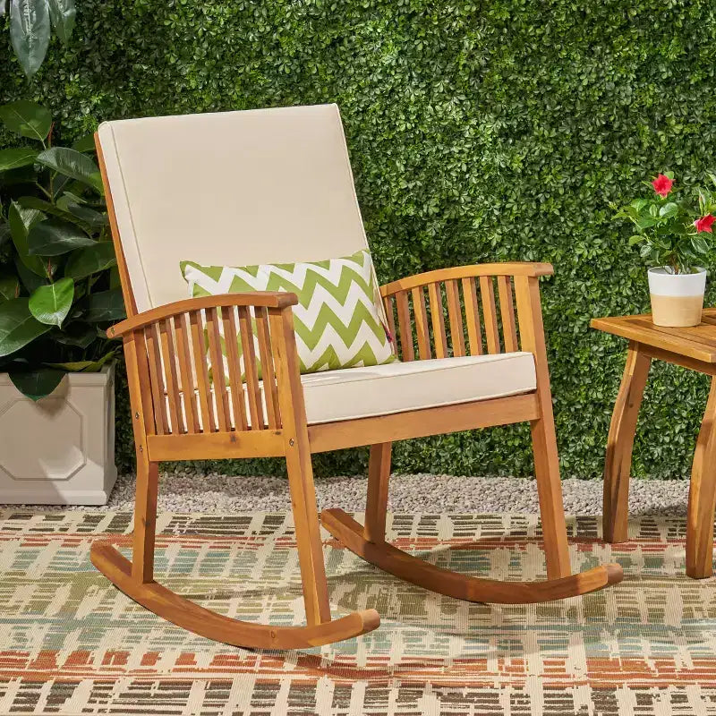 Fauteuil à bascule de patio en bois, fauteuil d'appoint extérieur, bascule en bois d'acacia, chaises de porche de jardin avec coussin pour balcon - ModernLuxe