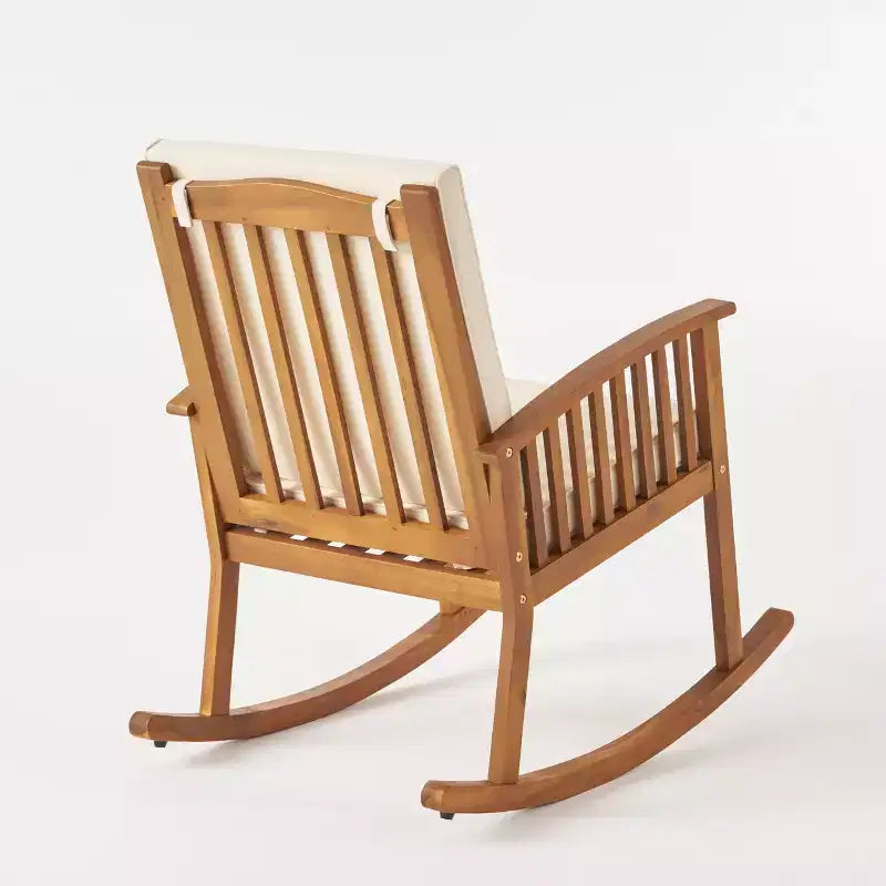 Fauteuil à bascule de patio en bois, fauteuil d'appoint extérieur, bascule en bois d'acacia, chaises de porche de jardin avec coussin pour balcon - ModernLuxe