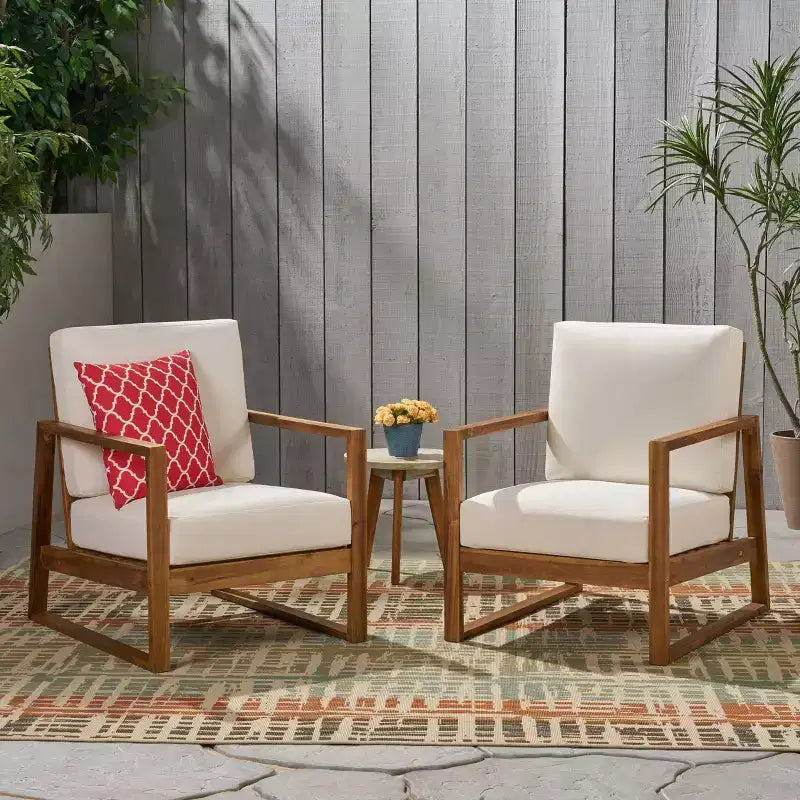 Chaises de club d'extérieur GDFStudio Silla en bois d'acacia avec coussins et pieds traîneaux (lot de 2)