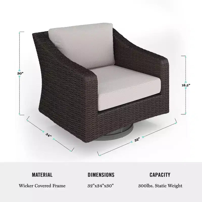Chaise de patio d'intérieur/extérieur Martha Stewart Bedford (ensemble de 2) en osier de rotin avec pivotement à 360° et coussins toutes saisons
