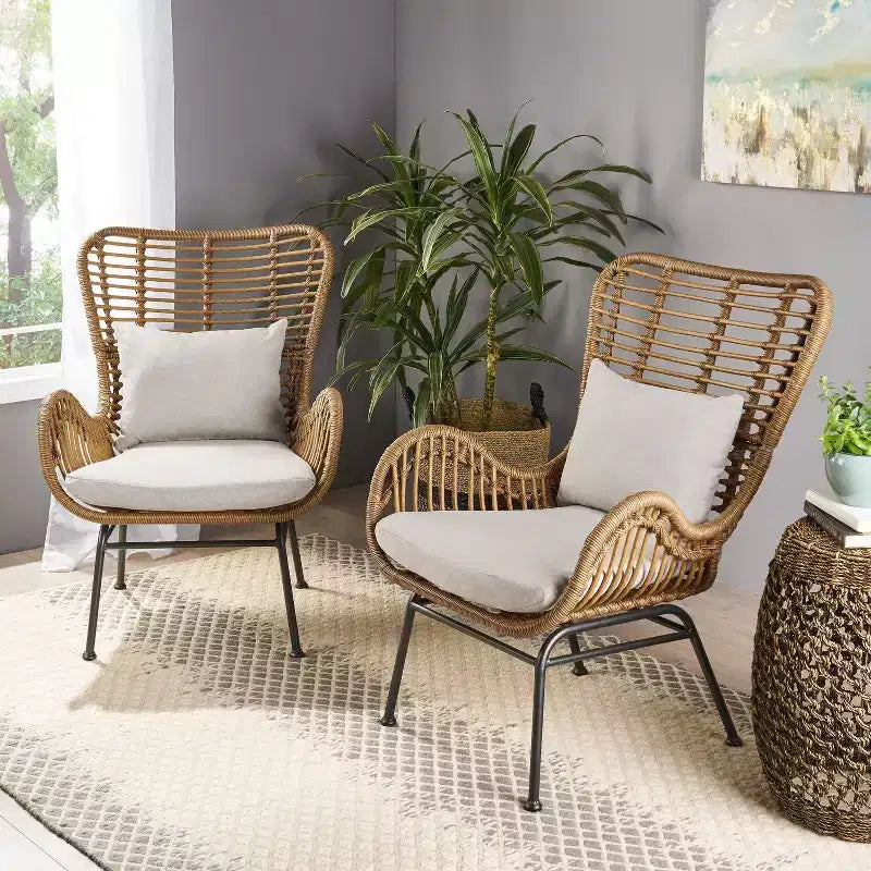 Christopher Knight Home Bechtel Chaises de club d'extérieur en osier tressé avec coussins (Lot de 2)