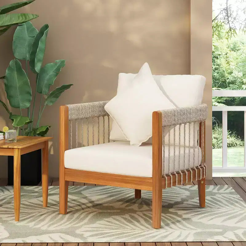 Christopher Knight Home Fauteuil club de patio Clifton en acacia rustique et corde, rembourré avec dossier incurvé