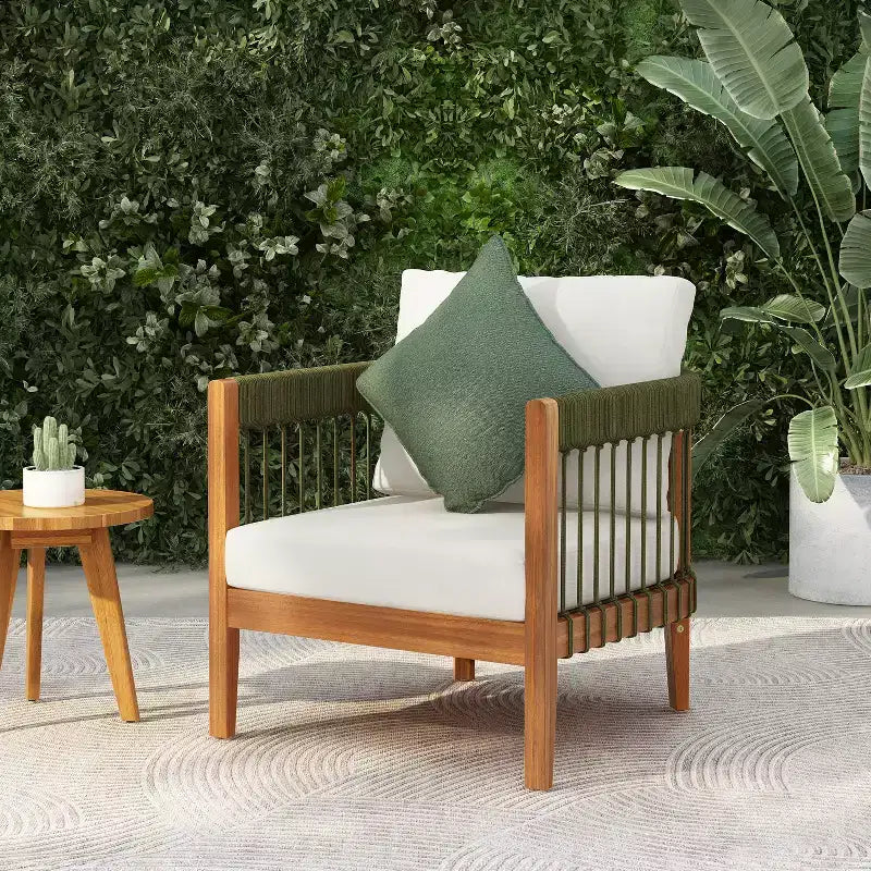 Christopher Knight Home Fauteuil club de patio Clifton en acacia rustique et corde, rembourré avec dossier incurvé