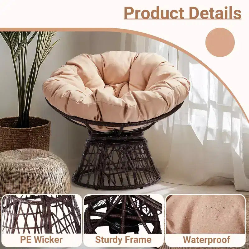 Karl Home | Fauteuil pivotant en osier marron avec coussin beige