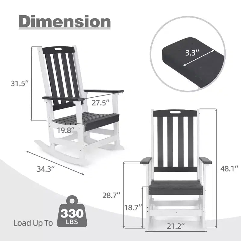 Chaise à bascule d'extérieur Aoodor, fauteuil à bascule en PEHD à lattes avec accoudoirs, conception toutes saisons pour l'intérieur ou l'extérieur