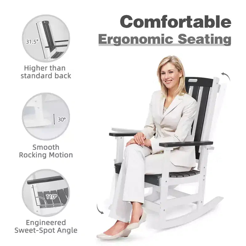 Chaise à bascule d'extérieur Aoodor, fauteuil à bascule en PEHD à lattes avec accoudoirs, conception toutes saisons pour l'intérieur ou l'extérieur