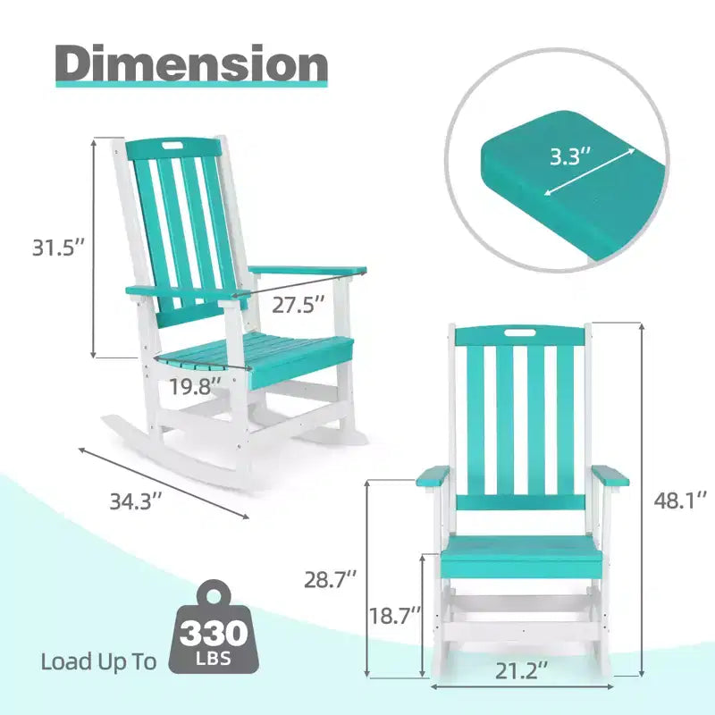 Chaise à bascule d'extérieur Aoodor, fauteuil à bascule en PEHD à lattes avec accoudoirs, conception toutes saisons pour l'intérieur ou l'extérieur