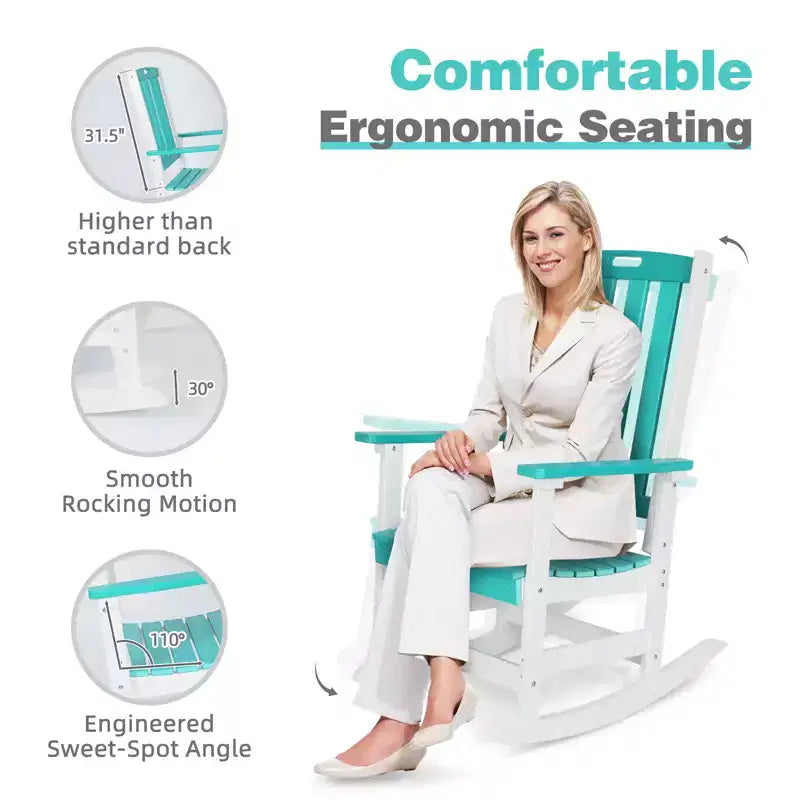 Chaise à bascule d'extérieur Aoodor, fauteuil à bascule en PEHD à lattes avec accoudoirs, conception toutes saisons pour l'intérieur ou l'extérieur