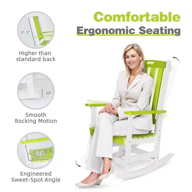 Chaise à bascule d'extérieur Aoodor, fauteuil à bascule en PEHD à lattes avec accoudoirs, conception toutes saisons pour l'intérieur ou l'extérieur