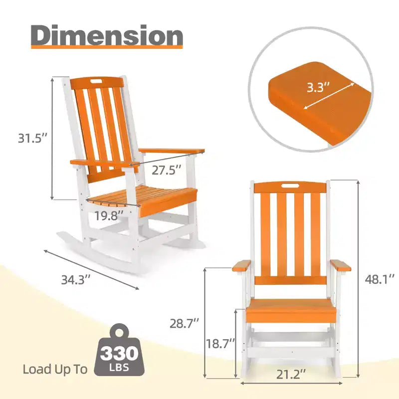 Chaise à bascule d'extérieur Aoodor, fauteuil à bascule en PEHD à lattes avec accoudoirs, conception toutes saisons pour l'intérieur ou l'extérieur