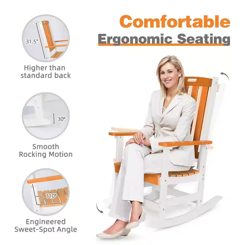 Chaise à bascule d'extérieur Aoodor, fauteuil à bascule en PEHD à lattes avec accoudoirs, conception toutes saisons pour l'intérieur ou l'extérieur