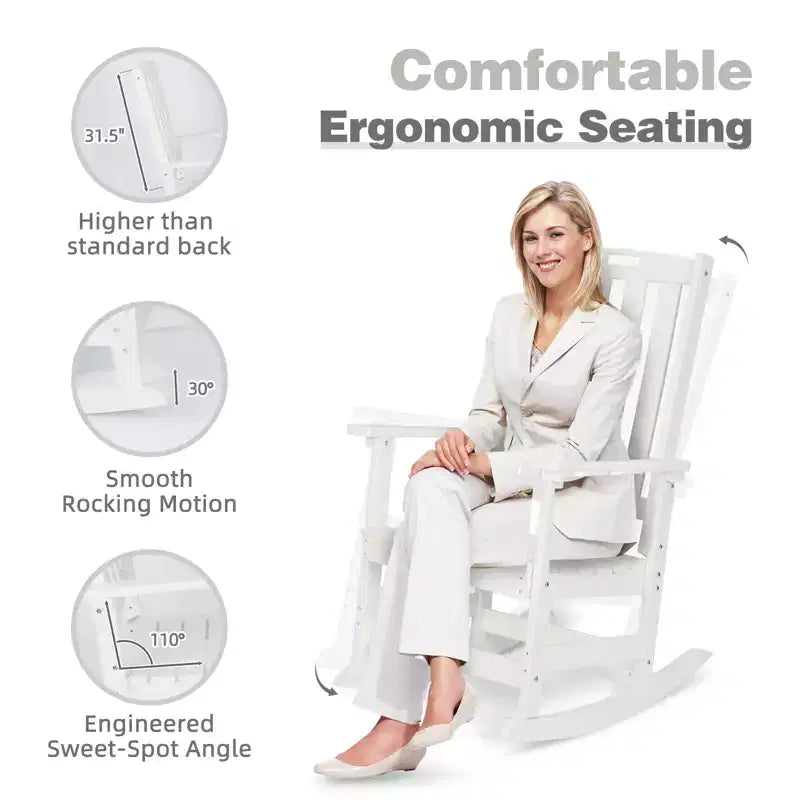 Chaise à bascule d'extérieur Aoodor, fauteuil à bascule en PEHD à lattes avec accoudoirs, conception toutes saisons pour l'intérieur ou l'extérieur