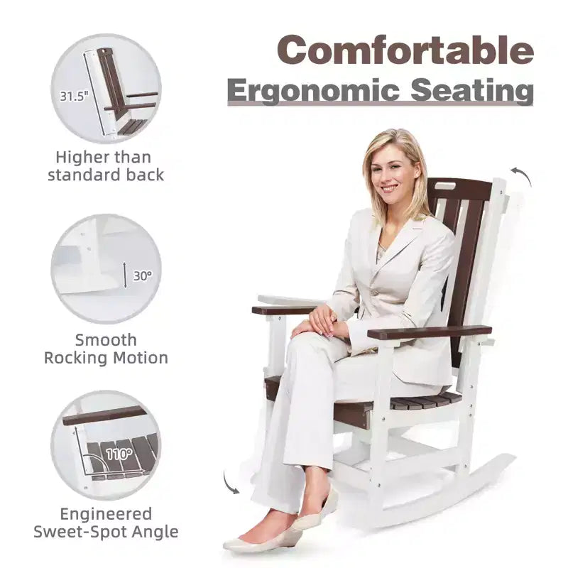 Chaise à bascule d'extérieur Aoodor, fauteuil à bascule en PEHD à lattes avec accoudoirs, conception toutes saisons pour l'intérieur ou l'extérieur