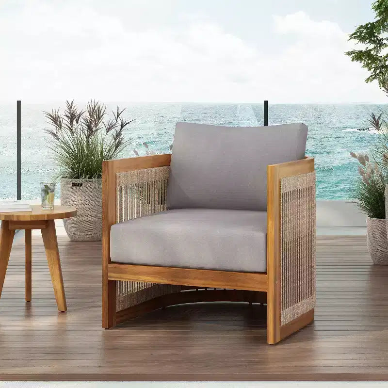 Christopher Knight Home Fauteuil club d'extérieur rustique Atoka en bois d'acacia et corde avec coussin résistant à l'eau