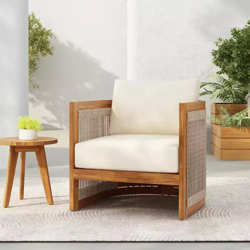 Christopher Knight Home Atoka Outdoor Rustic Acacia Wood and Rope Club Chair with Water-Resistant Cushion