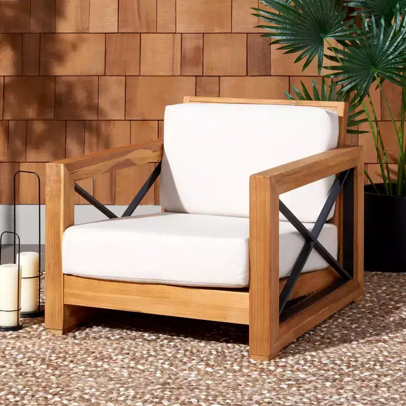 Fauteuil de club Curacao intérieur/extérieur - CPT1009 - Teck brésilien naturel/beige - Safavieh Couture