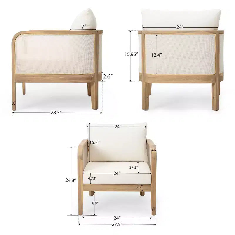 Chaises d'appoint d'extérieur bohème Okak Fauteuils club rembourrés, lot de 1/2, sièges de conversation de patio en acacia pour véranda, jardin et cour arrière, 180 kg max