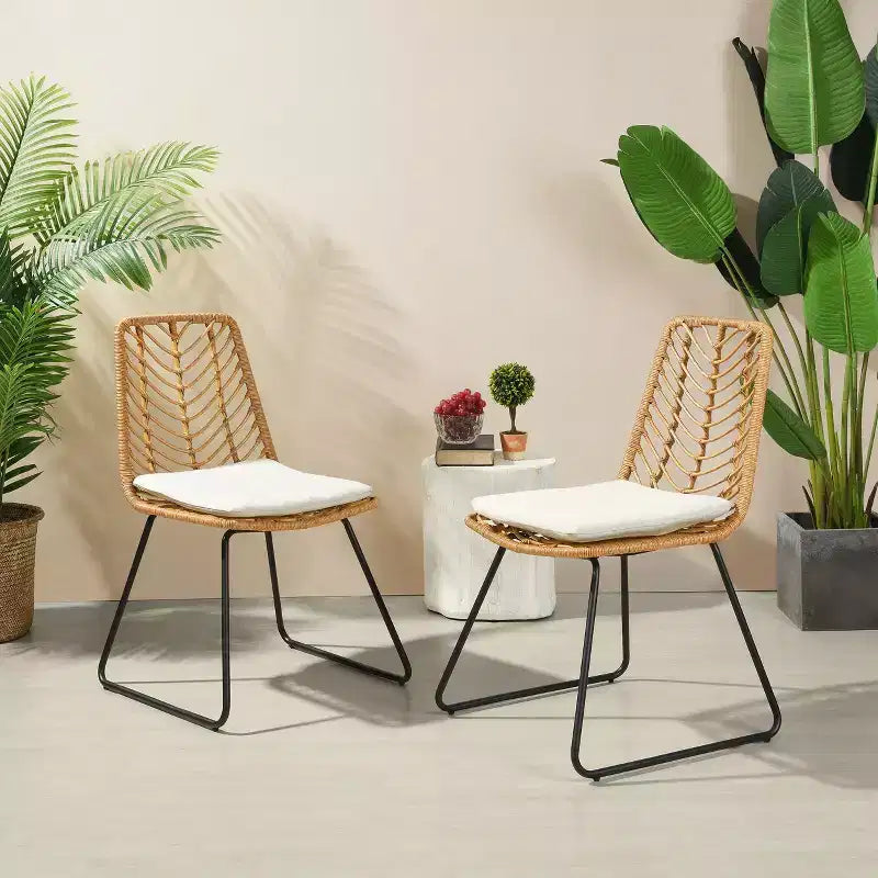 Okak 17,5 Fauteuils d'appoint de patio industriels bohèmes avec coussin, lot de 2, chaises de salle à manger d'extérieur en rotin, mobilier de patio