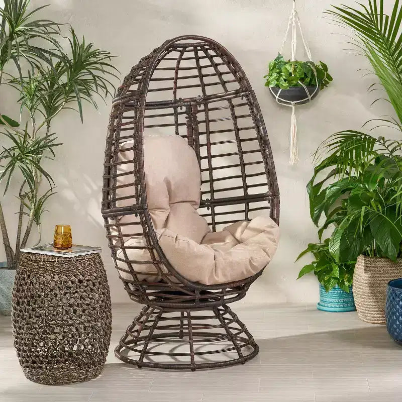 Okak Modern PE Wicker Patio Egg Chair Rattan Accent Chairs with Comfy Upholstery Outdoor&Indoor,Chic Accent Chair for Porch,Backyard&Garden,Brown