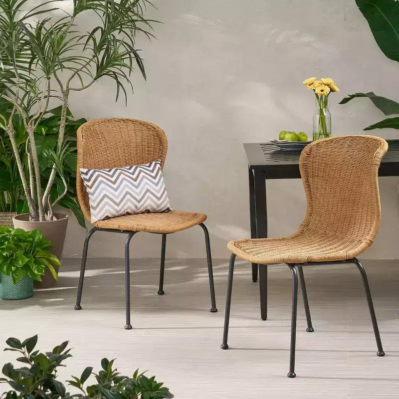 Okak Boho Wicker Rattan Patio Accent Chairs,Set of 2,Outdoor Dining Chairs with Sleek Legs&Foot Pads,Patio Furniture Seating,Natural/Black