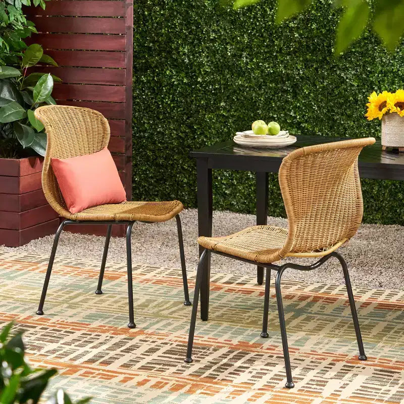 Chaises d'appoint de patio Okak Boho en osier et rotin, lot de 2, chaises de salle à manger d'extérieur avec pieds élégants et patins, sièges de mobilier de patio, naturel/noir