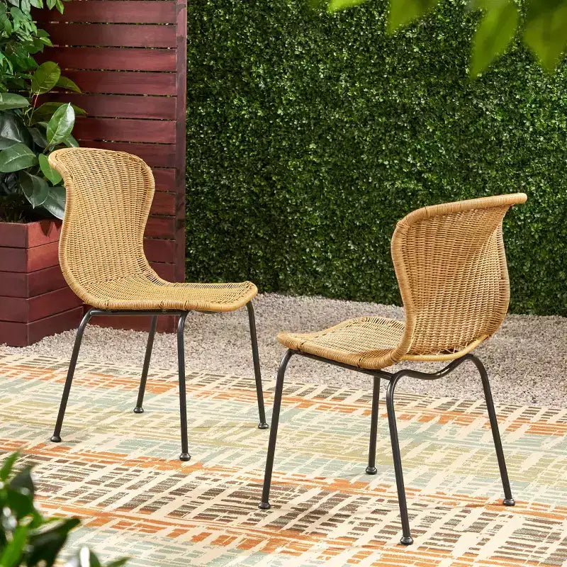 Chaises d'appoint de patio Okak Boho en osier et rotin, lot de 2, chaises de salle à manger d'extérieur avec pieds élégants et patins, sièges de mobilier de patio, naturel/noir