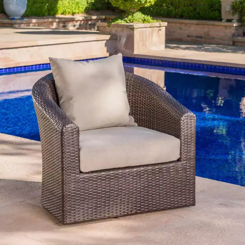 Chaises d'appoint pivotantes Okak 360 pour terrasse, chaises de club d'extérieur en osier tressé à la main avec base en aluminium et coussins amovibles, meubles de terrasse, une place, marron