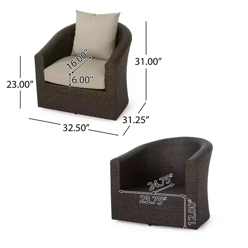 Chaises d'appoint pivotantes Okak 360 pour terrasse, chaises de club d'extérieur en osier tressé à la main avec base en aluminium et coussins amovibles, meubles de terrasse, une place, marron