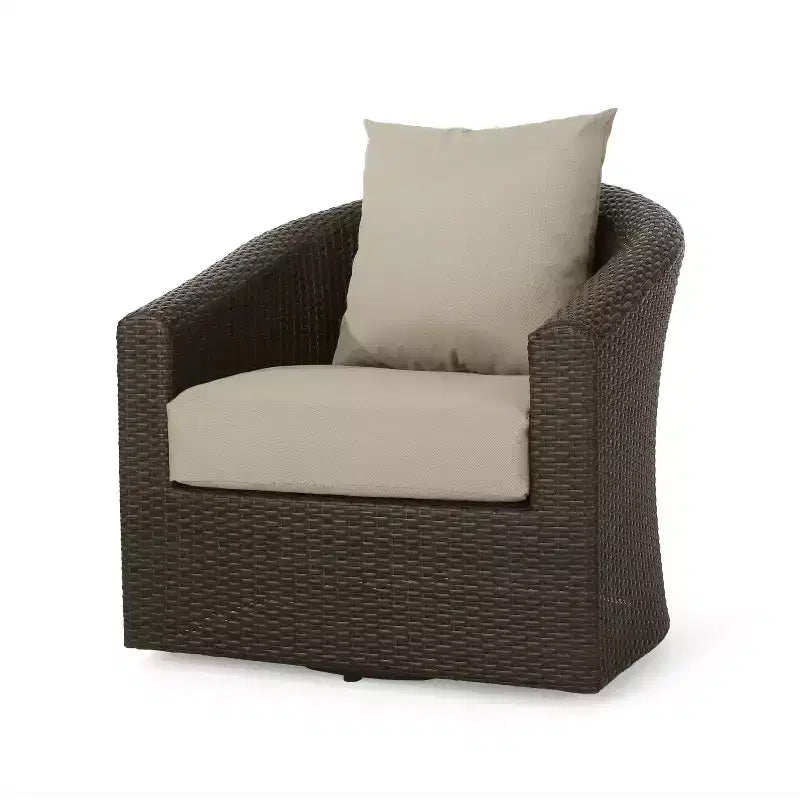 Chaises d'appoint pivotantes Okak 360 pour terrasse, chaises de club d'extérieur en osier tressé à la main avec base en aluminium et coussins amovibles, meubles de terrasse, une place, marron