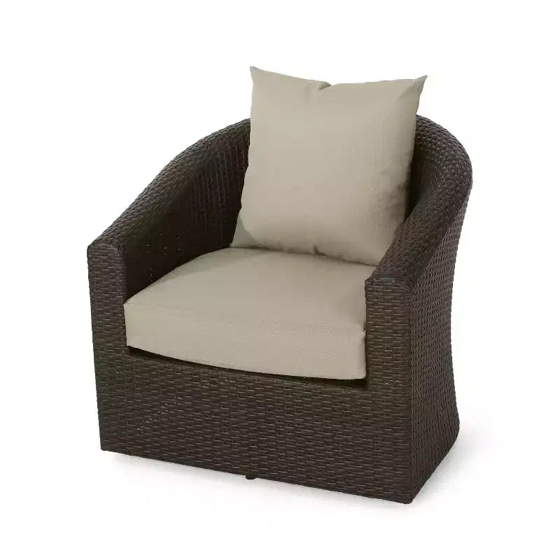 Chaises d'appoint pivotantes Okak 360 pour terrasse, chaises de club d'extérieur en osier tressé à la main avec base en aluminium et coussins amovibles, meubles de terrasse, une place, marron