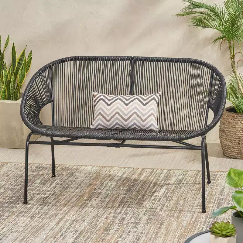 Okak Industrial PP Rattan Patio Loveseat Iron 2-Seater Accent Chair,Modern Outdoor Lounge Chair for Porch,Backyard&Garden,Patio Furniture Seating
