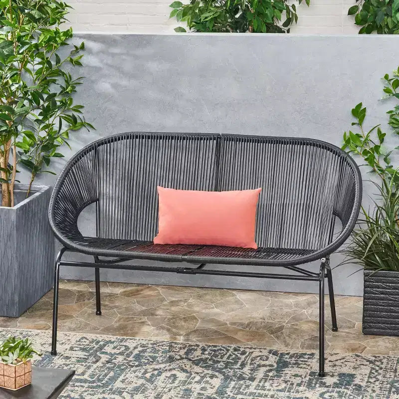 Okak Fauteuil deux places d'extérieur en rotin PP industriel et fer, fauteuil de salon moderne pour véranda, arrière-cour et jardin, siège de mobilier de patio