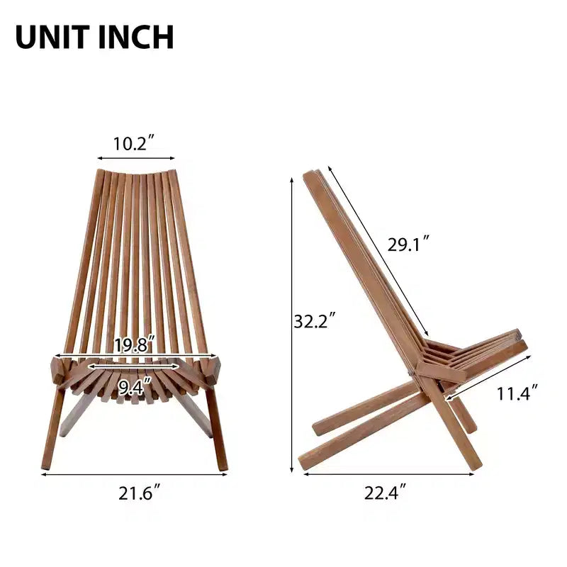 Chaise de loisir bohème pliable en acacia rustique Okak Ardirondack, 1 pièce, dossier haut et lattes pour véranda, jardin et cour arrière, marron