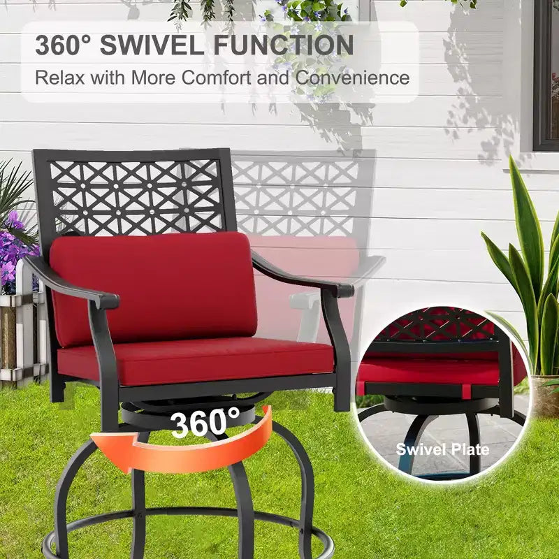 Tabourets de bar pivotants d'extérieur hauteur comptoir avec coussin rouge, lot de 2 tabourets de bar de patio avec accoudoirs et dossier, grands tabourets de bar pivotants d'extérieur pour le jardin