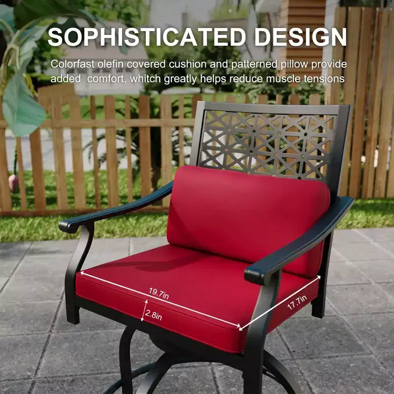 Tabourets de bar pivotants d'extérieur hauteur comptoir avec coussin rouge, lot de 2 tabourets de bar de patio avec accoudoirs et dossier, grands tabourets de bar pivotants d'extérieur pour le jardin