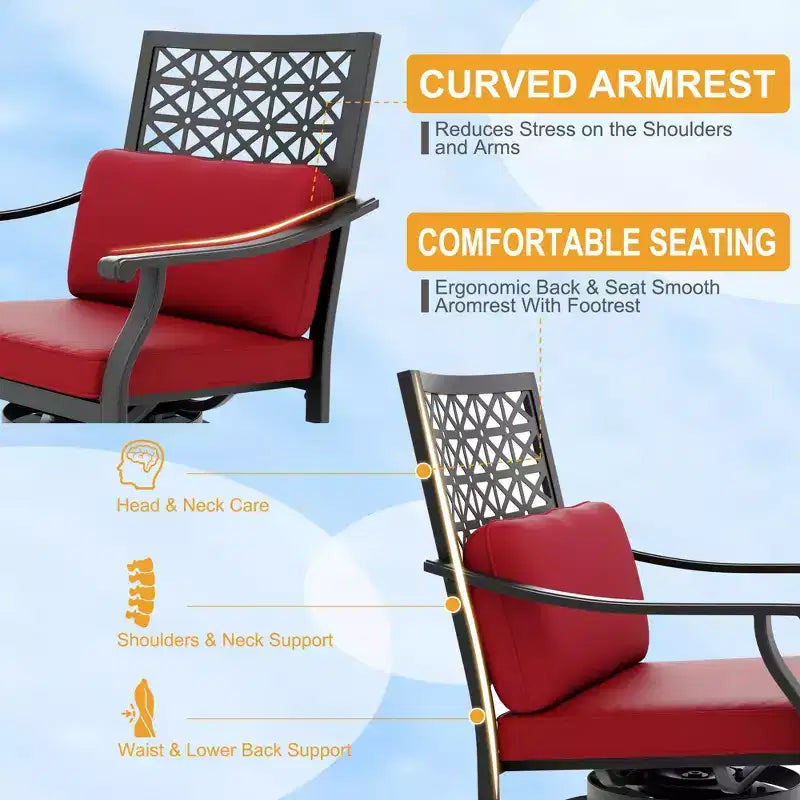 Tabourets de bar pivotants d'extérieur hauteur comptoir avec coussin rouge, lot de 2 tabourets de bar de patio avec accoudoirs et dossier, grands tabourets de bar pivotants d'extérieur pour le jardin