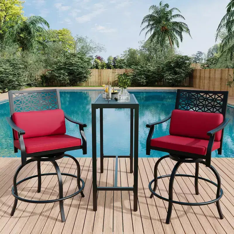 Tabourets de bar pivotants d'extérieur hauteur comptoir avec coussin rouge, lot de 2 tabourets de bar de patio avec accoudoirs et dossier, grands tabourets de bar pivotants d'extérieur pour le jardin