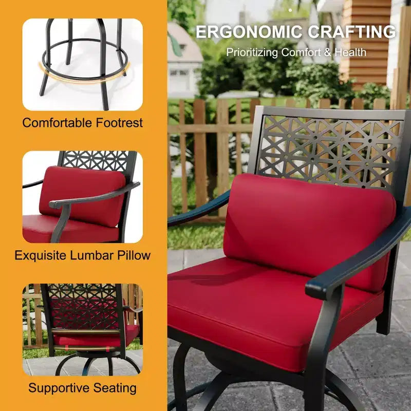 Tabourets de bar pivotants d'extérieur hauteur comptoir avec coussin rouge, lot de 2 tabourets de bar de patio avec accoudoirs et dossier, grands tabourets de bar pivotants d'extérieur pour le jardin